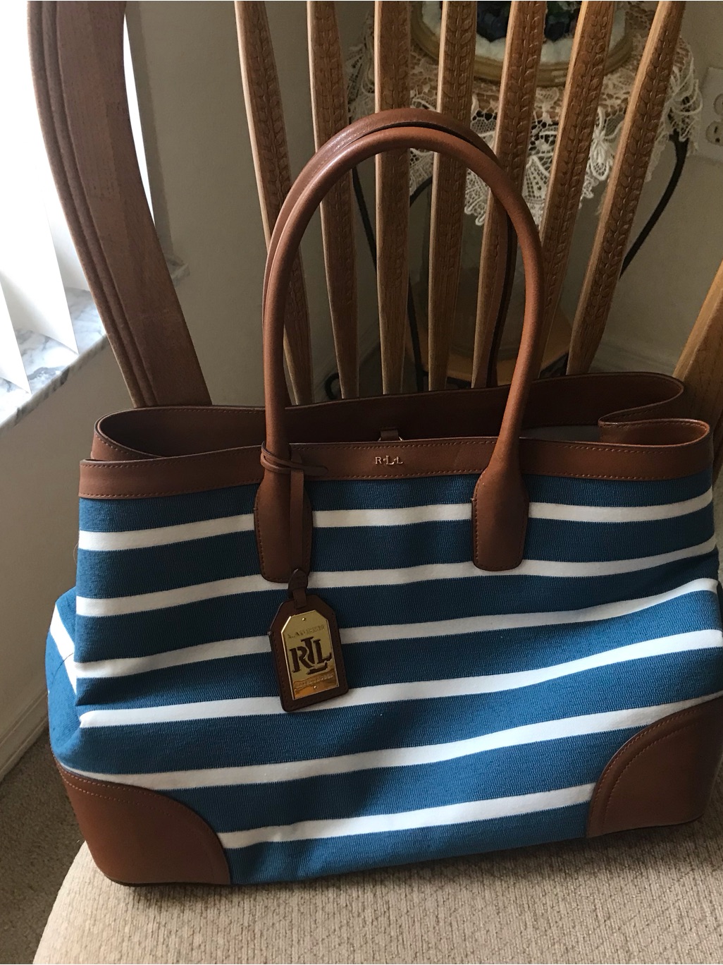 Ralph Lauren Navy And White Striped Canvas Tote With Brown Leather Trim